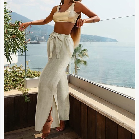 MAGASCHONI Striped Linen Wide Leg Palazzo Pants Paperbag Flowy Boho Pant - Picture 12 of 13